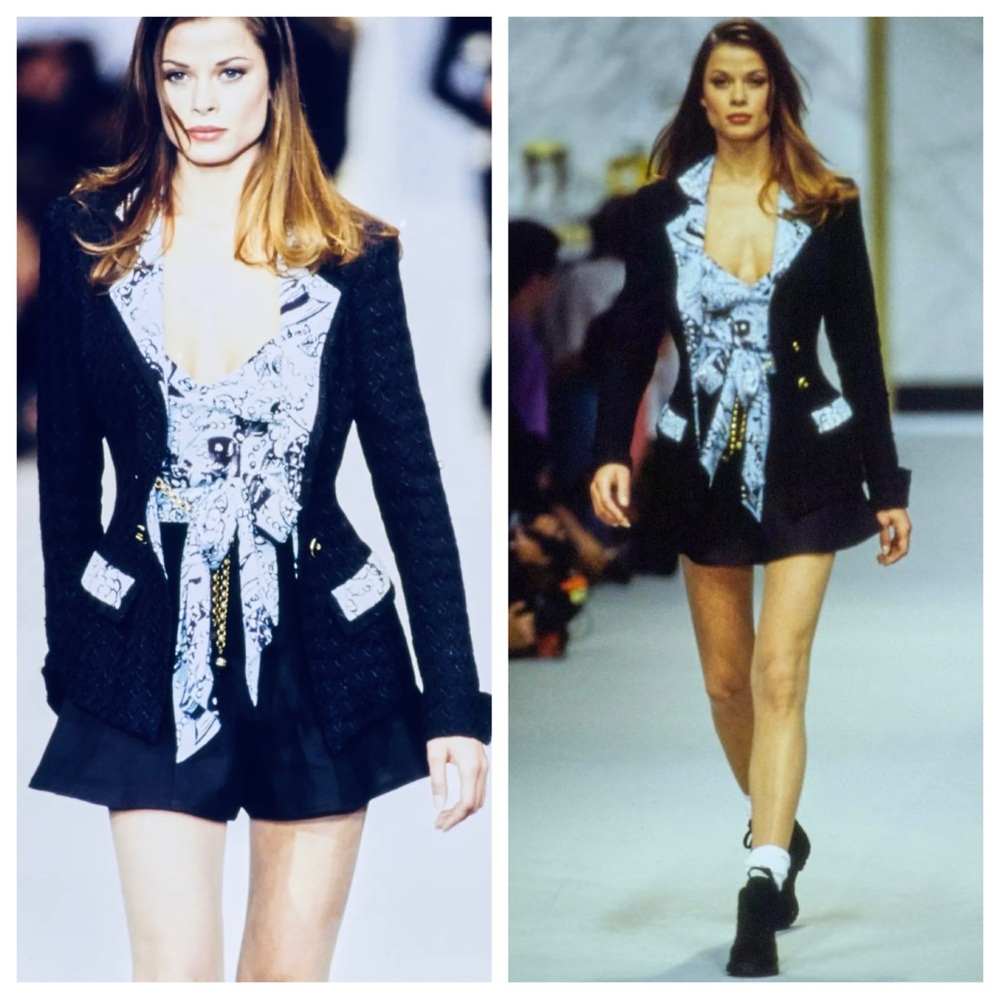 CHANEL 1993 Spring/Summer Printed Skirt Suit Set Black/White/Blue